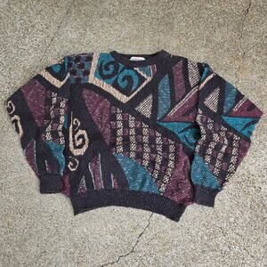 Vtg 90s JANTZEN Abstract Geometric All Over Pattern Knit Crewneck Sweater XL USA